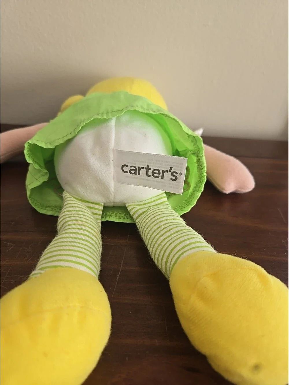 Carters’s Baby Doll Plush Green Dress stripes yellow flowers shoes blonde Lovey